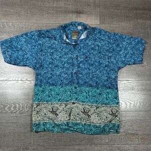 Pineapple Connection Hawaiian Shirt Men's L Blue Tropical Bird Print Button Up